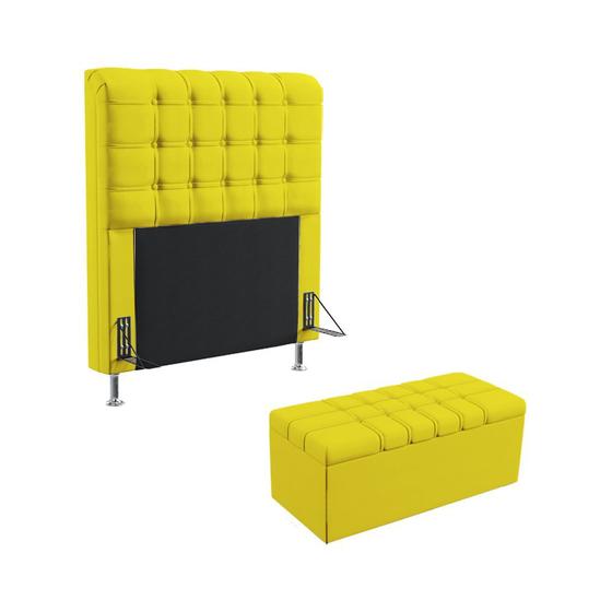 Imagem de Kit Cabeceira Dama 90 Solteiro Decorativa e Calçadeira Alpha Z-004 Sued Amarelo Aradecor