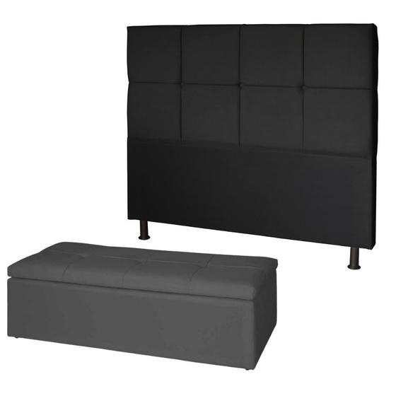 Imagem de Kit Cabeceira de Cama Box Casal com Recamier Carol 140 cm material sintético Preto - Móveis Mafer