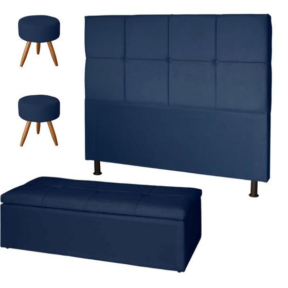 Imagem de Kit Cabeceira de Cama Box Casal Com Recamier Damares 140 CM e 02 Puff Suede Azul Marinho - Móveis Mafer