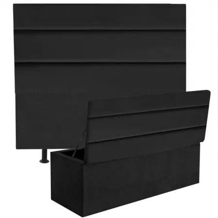 Imagem de Kit Cabeceira de Cama Box Casal Com Recamier Naomi 140 CM Suede Preto - Móveis Mafer