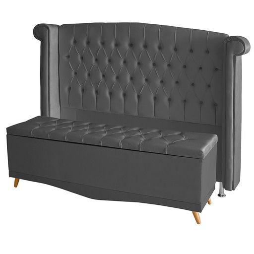 Imagem de Kit Cabeceira De Cama Box e Calçadeira Baú Luxo Casal 140 cm Suede Grafite Eli Móveis