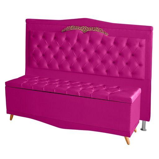 Imagem de Kit Cabeceira de Cama Box e Calçadeira Baú Madri Casal 140 cm Suede Rosa Pink Eli Móveis e Decoração