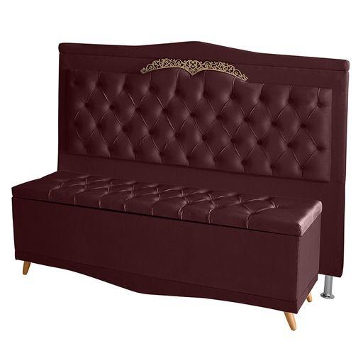 Imagem de Kit Cabeceira de Cama Box e Calçadeira Baú Madri King 195 cm Suede Bordo Ec Móveis