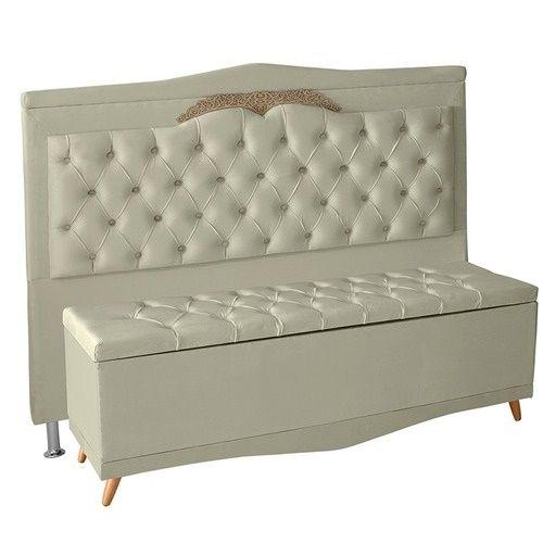 Imagem de Kit Cabeceira de Cama Box e Calçadeira Baú Madri  Queen 160 cm Suede Porcelana Eli Móveis e Decoração