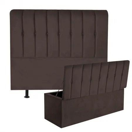 Imagem de Kit Cabeceira de Cama Box King Com Recamier Akira 195 CM Suede Marrom - Móveis Mafer