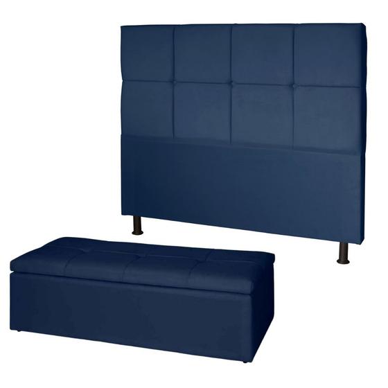 Imagem de Kit Cabeceira de Cama Box King com Recamier Carol 195 cm Suede Azul Marinho - Móveis Mafer