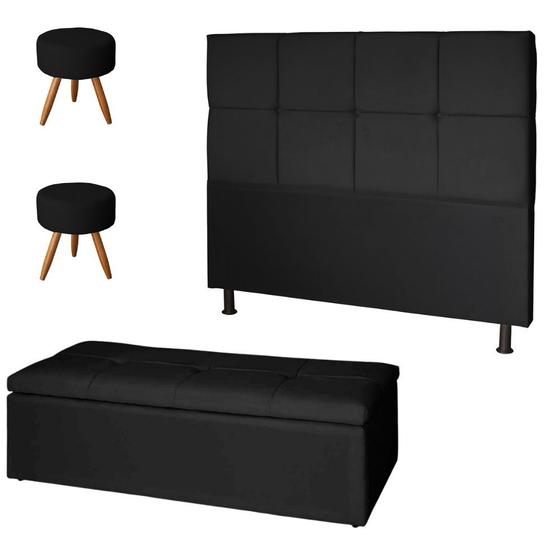 Imagem de Kit Cabeceira de Cama Box Solteiro Com Recamier Damares 90 CM e 02 Puff Suede Preto - Móveis Mafer