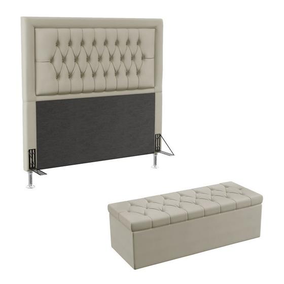 Imagem de Kit Cabeceira Decorativa Para Cama Box Antares e Calçadeira Sagitarius 140 Cama Casal Couro Bege Aradecor