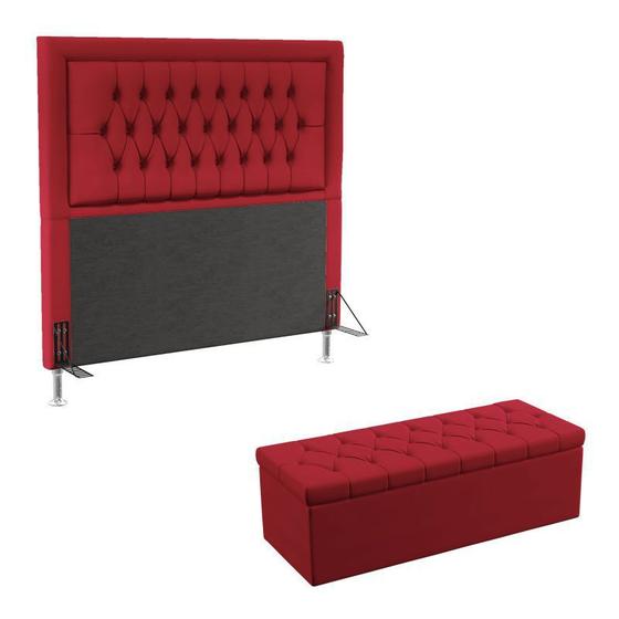 Imagem de Kit Cabeceira Decorativa Para Cama Box Antares e Calçadeira Sagitarius 160 Para Cama Queen Sued Vermelho Aradecor