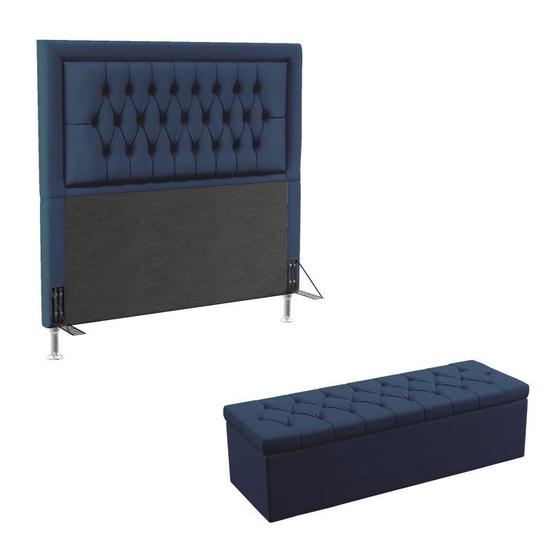 Imagem de Kit Cabeceira Decorativa Para Cama Box Antares e Calçadeira Sagitarius 195 Para Cama King Sued Azul Marinho Aradecor