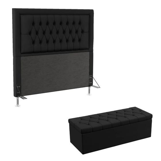 Imagem de Kit Cabeceira Decorativa Para Cama Box Pegasus e Calçadeira Sagitarius 140 Casal  Preto Aradecor