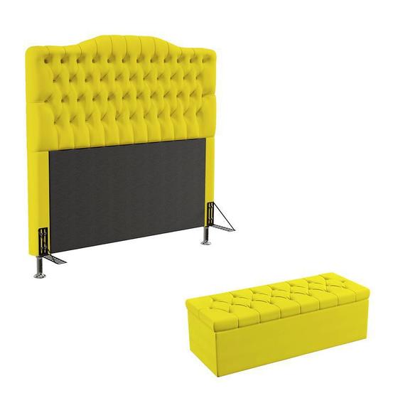 Imagem de Kit Cabeceira Decorativa Para Cama Box Pollux e Calçadeira Sagitarius 160 Para Cama Queen Sued Amarelo Aradecor