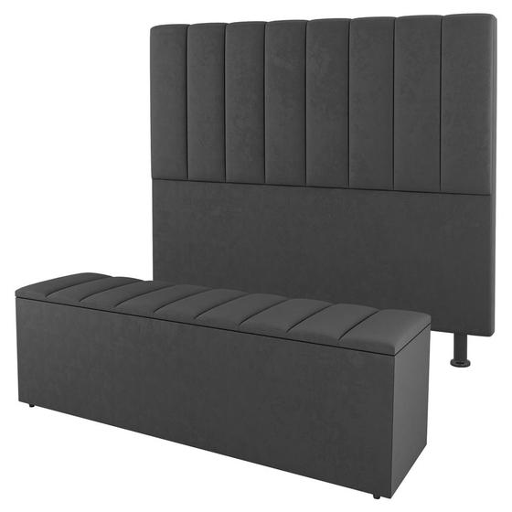 Imagem de Kit Cabeceira e Baú Cama Box Casal Cora 140cm Suede Cinza Escuro - Abmaza