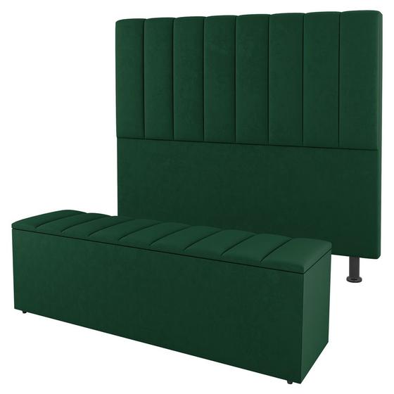 Imagem de Kit Cabeceira e Baú Cama Box Casal Cora 140cm Suede Verde - Abmaza