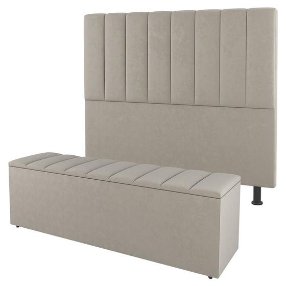 Imagem de Kit Cabeceira e Baú Cama Box King Size Cora 195cm Suede Bege - Abmaza