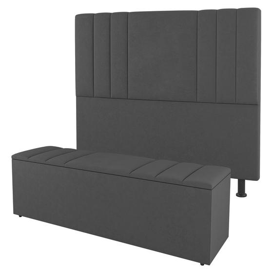 Imagem de Kit Cabeceira e Baú Cama Box Queen Size Grace 160cm Suede Cinza Escuro - Abmaza