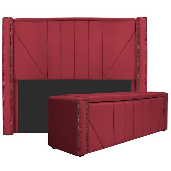 Imagem de Kit Cabeceira e Calçadeira Baú Casal Minsk P02 140 cm para cama Box Suede Vermelho - Amarena Móveis