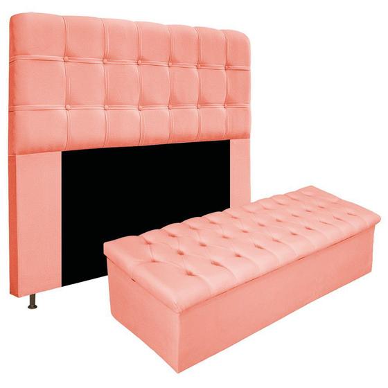 Imagem de Kit Cabeceira e Calçadeira Baú Estofada Mel 195 cm King Size Com Botonê Suede Coral - Doce Sonho Móveis