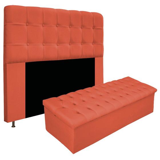 Imagem de Kit Cabeceira e Calçadeira Baú Estofada Mel 195 cm King Size Com Botonê Suede Terracota - ADJ Decor