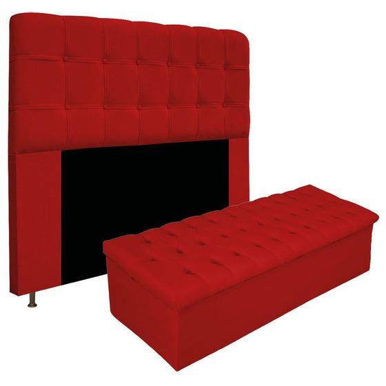 Imagem de Kit Cabeceira e Calçadeira Baú Estofada Mel 195 cm King Size Com Capitonê Suede Vermelho - Doce Sonho Móveis