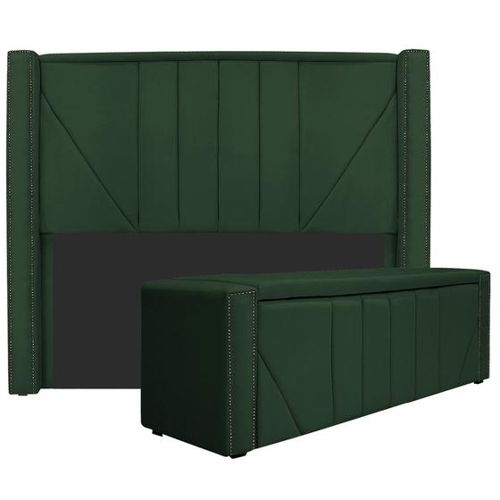 Imagem de Kit Cabeceira e Calçadeira Baú King Minsk P02 195 cm para cama Box Suede Verde - Amarena Móveis