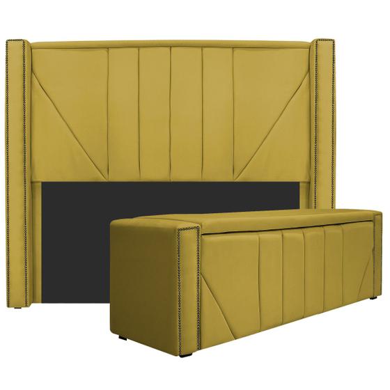 Imagem de Kit Cabeceira e Calçadeira Baú Queen Minsk P02 160 cm para cama Box Suede - ADJ Decor