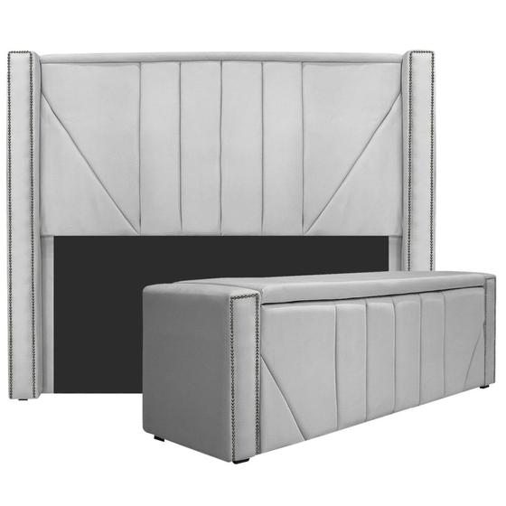 Imagem de Kit Cabeceira e Calçadeira Baú Queen Minsk P02 160 cm para cama Box Suede Branco - Amarena Móveis