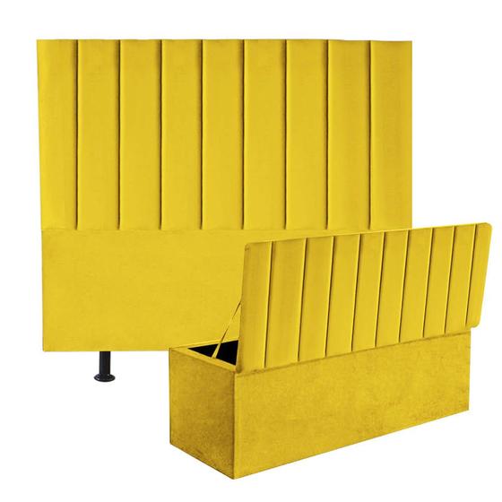 Imagem de Kit Cabeceira e Calçadeira Baú Solteiro 100cm Cancun material sintético Amarelo - D A DECOR