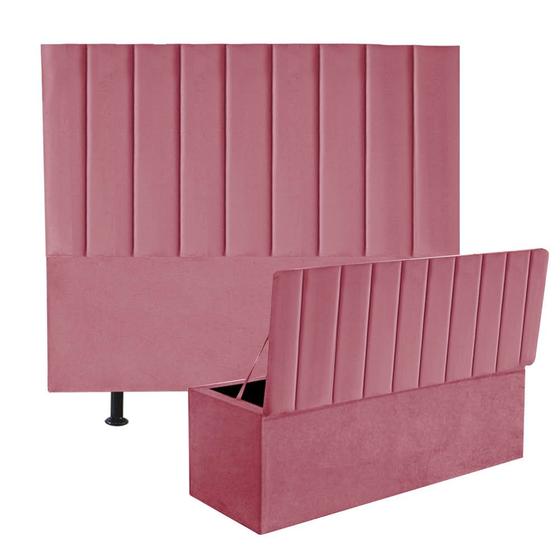 Imagem de Kit Cabeceira e Calçadeira Baú Solteiro 100cm Cancun Suede Rosa - D A DECOR