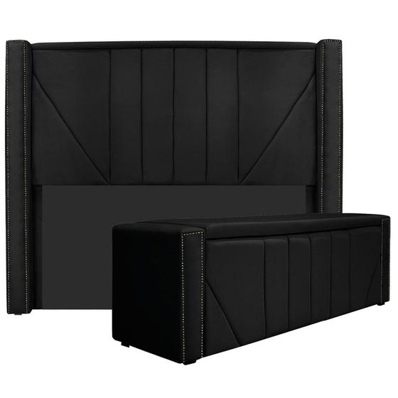 Imagem de Kit Cabeceira e Calçadeira Baú Solteiro Minsk P02 90 cm para cama Box Suede Preto - Amarena Móveis