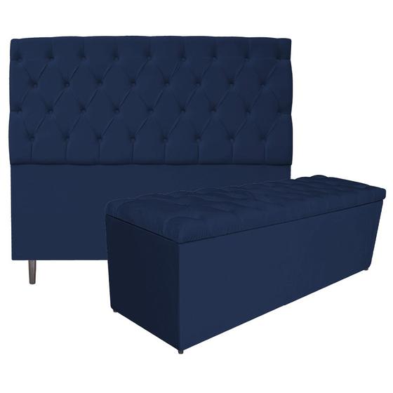 Imagem de Kit Cabeceira e Calçadeira Liverpool 140 cm Casal Suede Azul Marinho - ADJ Decor