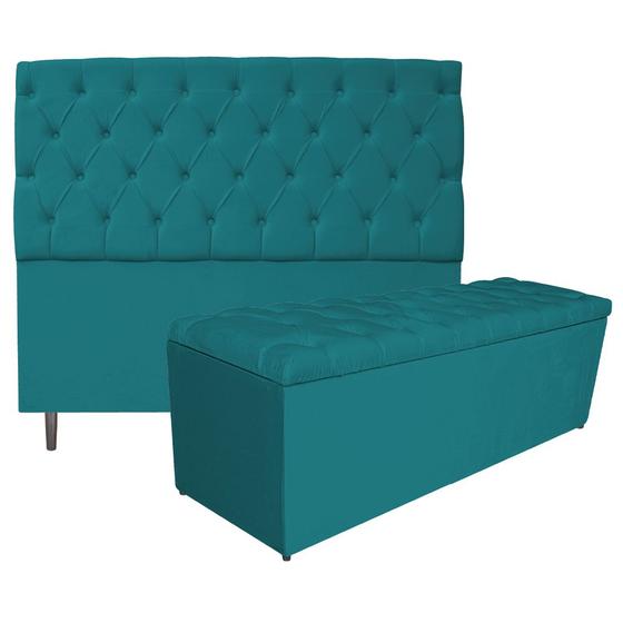 Imagem de Kit Cabeceira e Calçadeira Liverpool 140 cm Casal Suede Azul Turquesa - ADJ Decor