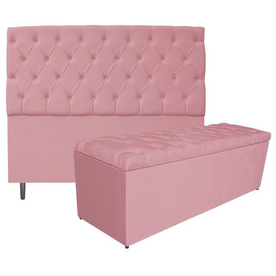 Imagem de Kit Cabeceira e Calçadeira Liverpool 195 cm King Size Suede Rosa Bebê - Amarena Móveis