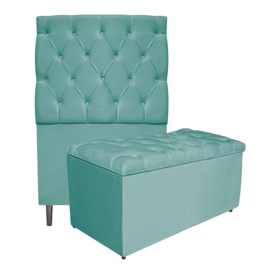 Imagem de Kit Cabeceira e Calçadeira Liverpool 90 cm Solteiro Suede Azul Tiffany - ADJ Decor