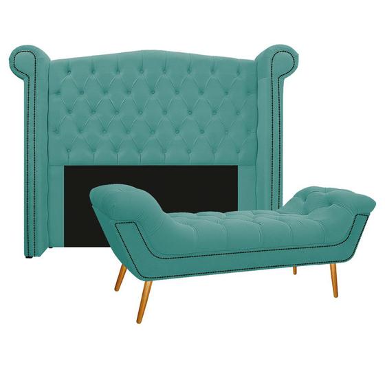 Imagem de Kit Cabeceira e Calçadeira Veneza 140 cm Casal Suede Azul Tiffany - Amarena Moveis