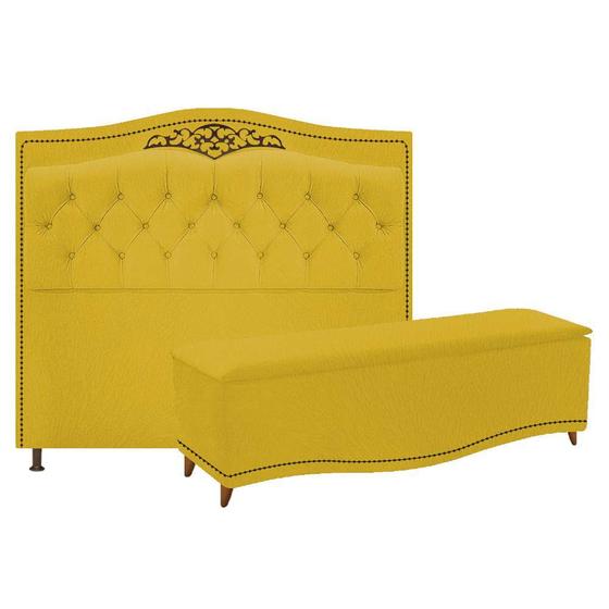 Imagem de Kit Cabeceira e Calçadeira Yasmim 140 cm Casal Suede Amarelo - ADJ Decor