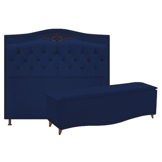 Imagem de Kit Cabeceira e Calçadeira Yasmim 195 cm King Size Suede Azul Marinho - Amarena Móveis