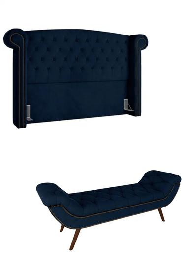 Imagem de Kit Cabeceira Estofada Box Casal Valencia e Recamier Veneza 140 cm Tca 948 - Veludo Azul