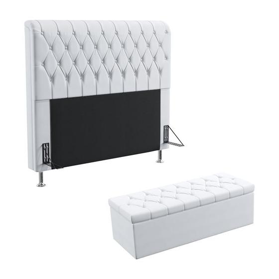 Imagem de Kit Cabeceira Estofada Cama Box Bellatrix 140 Cama de Casal e Calçadeira Sagitarius Couro Branco Aradecor