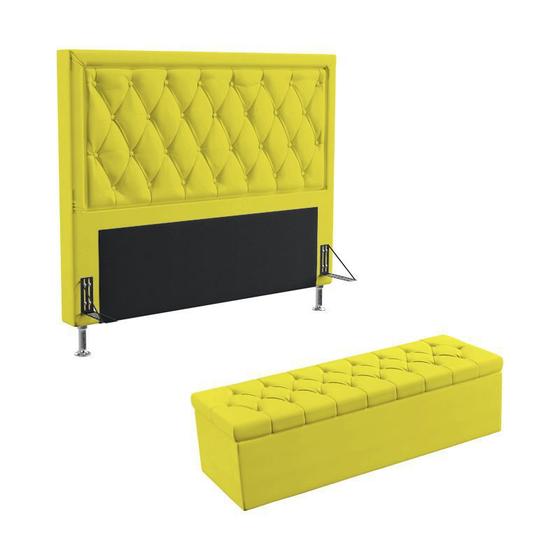 Imagem de Kit Cabeceira Estofada Centaurus 195 Para Cama King e Calçadeira Sagitarius Sued Amarelo Aradecor