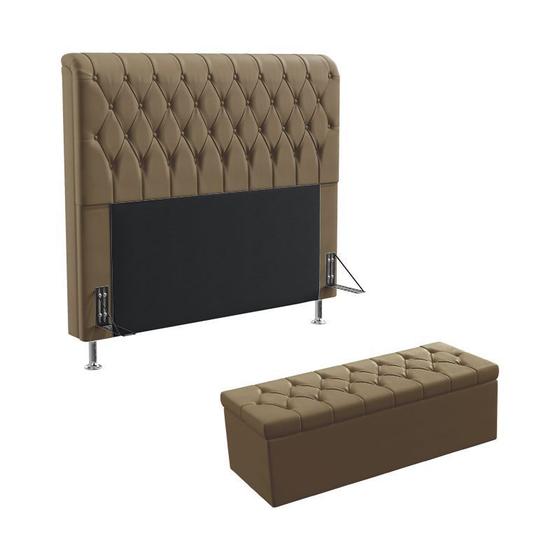 Imagem de Kit Cabeceira Estofada Decorativa Bellatrix 140 Para Cama de Casal e Calçadeira Sagitarius Sued Capuccino Aradecor