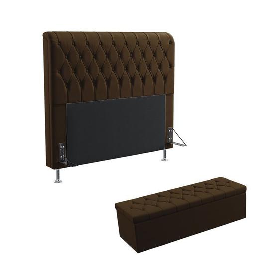 Imagem de Kit Cabeceira Estofada Decorativa Bellatrix 195 Para Cama King e Calçadeira Sagitarius Sued Marrom Aradecor
