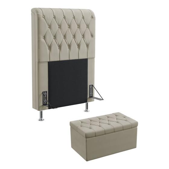 Imagem de Kit Cabeceira Estofada Decorativa Bellatrix 90 Cama de Solteiro e Calçadeira Sagitarius  Bege Aradecor