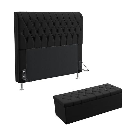 Imagem de Kit Cabeceira Estofada Decorativa Box Bellatrix 160 Cama Queen e Calçadeira Sagitarius Couro Preto Aradecor