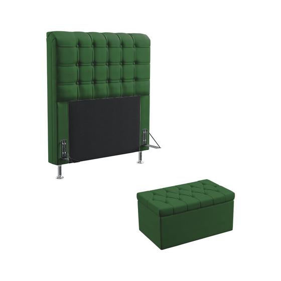 Imagem de Kit Cabeceira Estofada Decorativa Box Dama 90 Para Cama de Solteiro e Calçadeira Sagitarius Sued Verde Aradecor