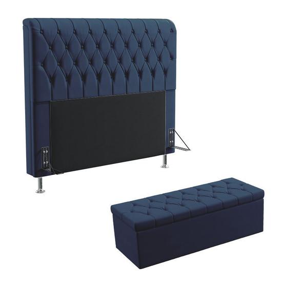 Imagem de Kit Cabeceira Estofada Decorativa Cama Box Bellatrix 160 Cama Queen e Calçadeira Sagitarius Sued Azul Marinho Aradecor