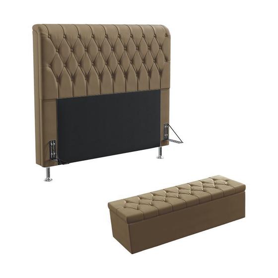 Imagem de Kit Cabeceira Estofada Decorativa Cama Box Bellatrix 195 Para Cama King e Calçadeira Sagitarius Sued Capuccino Aradecor