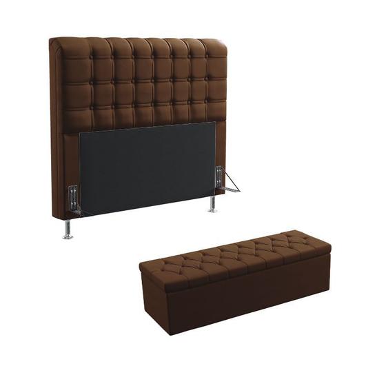 Imagem de Kit Cabeceira Estofada Decorativa Cama Box Rana 195 Cama King e Calçadeira Sagitarius Couro Artificial Marrom Aradecor