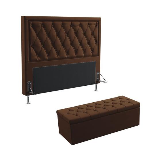 Imagem de Kit Cabeceira Estofada Decorativa Centaurus 160 Para Cama Queen e Calçadeira Sagitarius Couro Artificial Marrom Aradecor