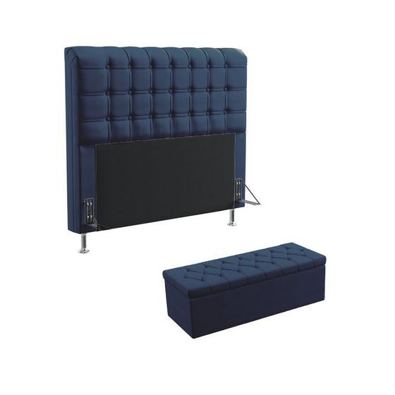 Imagem de Kit Cabeceira Estofada Decorativa Dama 140 Para Cama de Casal e Calçadeira Sagitarius Sued Azul Marinho Aradecor